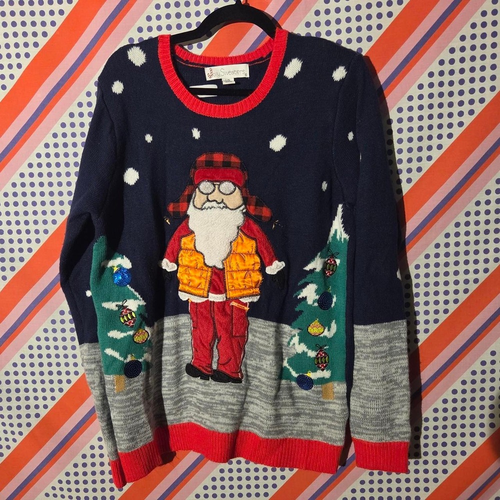 Jolly Sweaters Mens Large Vintage Ugly Christmas Sweater Hunter Blue Red
